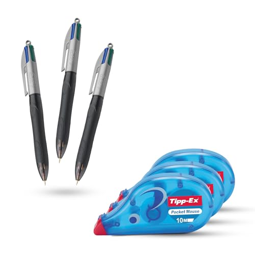 BIC 4 Color Grip Pro Stifte 3 Stück mit robustem Kunststoffschaft 4 Tintenfarben & Tipp-Ex Pocket Mouse Korrekturbänder 3 Stück mit sofort trocknendem 10 m Klebeband zum Schreiben und Korrekturen von DLM Direct