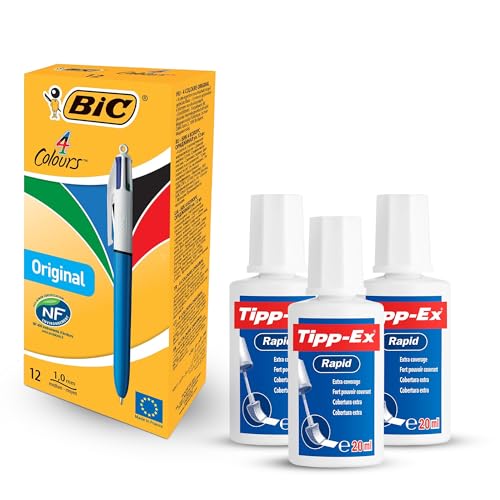 BIC 4 Colours Original Kugelschreiber 12er Pack mit blauer, schwarzer, roter, grüner Tinte & Tipp-Ex Rapid Correction Fluid 3er Pack mit 20ml schnell trocknendem Pinselapplikator zum Schreiben und von DLM Direct