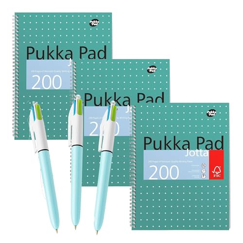 BIC 4-Farben-Stift mit lustigem Farbschaft und Pukka-Block, A4, Metallic Jotta, 3 Stück, Spiralbindung, 8 mm Linien, 80 g/m², Papier für Studenten und kreative Projekte von DLM Direct