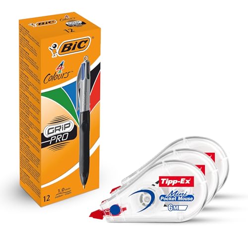 BIC BIC 4 Farben Grip Pro Stifte 12 Stück mit blauer, roter, grüner, schwarzer Tinte & Tipp-Ex Mini Pocket Korrekturbänder 3er Pack, langlebiges und kompaktes Bündel zum Schreiben, Bearbeiten und von DLM Direct