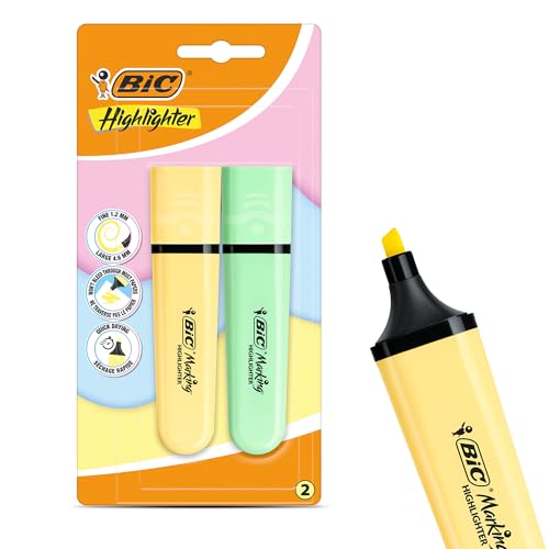 BIC Marking Highlighter Flach Textmarker Marker 2 Stück Kunststoff Textmarker mit Pastellgelber & grüner Tinte Textmarker Stifte für glatte Noten Präzise Highlights Ideal für Schule und Büro von DLM Direct