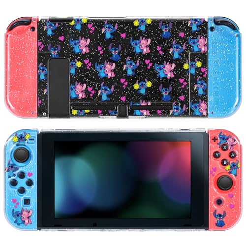 DLseego Hülle für Switch, Klar Glitter Dockable Switch Hard Case Niedliche Cartoon-Elemente Switch Case mit 2 Soft Joycon Cover und 2 Joystick Caps,Liebe Alien-Monster von DLseego