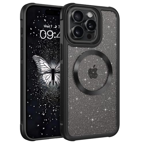 DOMAVER Glitzer Hülle für iPhone 15 Pro Max, Handyhülle iPhone 15 Pro Max Case, Matt Transparente Material, Ultra Dünne Rundumschutz Magnetisch Schutzhülle, Schwarz von DOMAVER