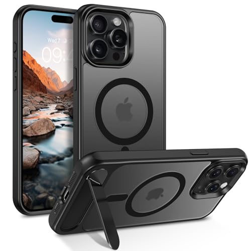 DOMAVER Magnetisch Hülle für iPhone 15 Pro Max mit Stander, Handyhülle iPhone 15 Pro Max Case Kompatibel mit Mag-Safe, Matt Transparente Ultra Dünne Rundumschutz Magnetisch Schutzhülle, Schwarz von DOMAVER