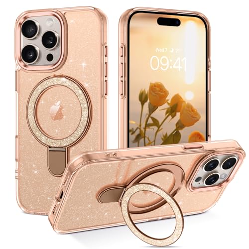 DOMAVER Magnetische Schutzhülle für iPhone 15 Pro Max mit Ständer [kompatibel mit Mag Safe], Glitzer, durchscheinend, dünn, stoßfest, weiche Schutzhülle mit Bling Kickstand für Frauen und Mädchen, von DOMAVER