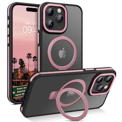 DOMAVER Hülle für iPhone 15 Pro Max mit Stander, Handyhülle iPhone 15 Pro Max 6.7'' Case kompatible mit Mag Safe, Durchscheinend Matt Galvanisierte Spleiß Rundumschutz Magnetisch Schutzhülle, Rosa von DOMAVER