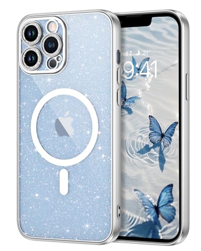 DOMAVER Magnetisch Hülle für iPhone 13 Pro Max Kompatible mit Mag Safe,Handyhülle iPhone 13 Pro Max Case, Transparent Glitzer Bling, mit Linsenschutz, Leicht Dünn TPU Schutzhülle, Klar/Transparent von DOMAVER