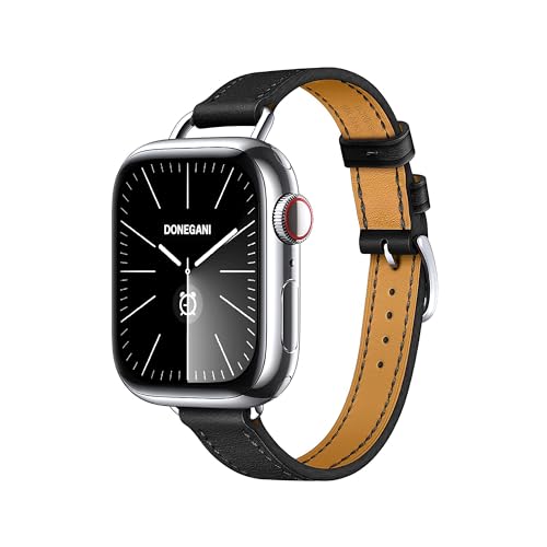 DONEGANI LB2 Armband für Apple Watch Leder Band Ultra 2 49mm, Series 10 46mm, 9 8 7 45mm 41mm, SE 6 5 4 44mm 40mm, 3 2 1 42mm 38mm damen herren Strap Schwarz von DONEGANI