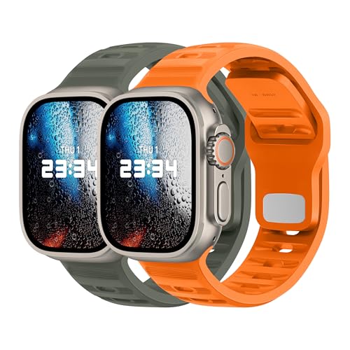 DONEGANI UC2 Armband für Apple Watch Band Ultra 2 49mm, Series 10 46mm, 9 8 7 45mm 41mm, SE 6 5 4 44mm 40mm, 3 2 1 42mm 38mm Damen Herren Sport Silikon Strap Orange/Armeegrün von DONEGANI