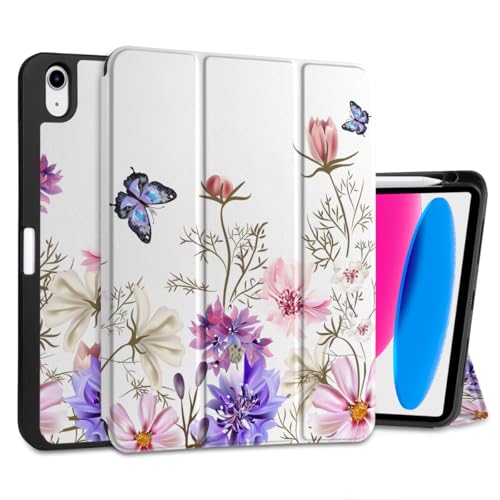 DONGKE Schutzhülle für iPad 10. Generation 10,9 Zoll 2022, Trifold Stand + Pencil Holder + Auto Wake/Sleep + Soft TPU Protective Stand Back Cover, Butterfly Floral von DONGKE