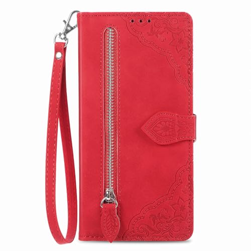 DOORIYY Schutzhülle mit Handgelenkschlaufe für Samsung Galaxy S24 Ultra/S24 Plus/S24, Damen-Brieftaschen-Hülle, Leder, Reißverschluss, Kartenfächer, Ständer (S24 Ultra, Rot) von DOORIYY