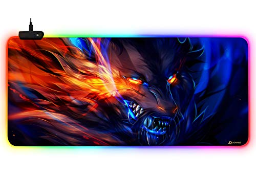 DORRISO Neu Gaming Mauspad Großes RGB 900x400x3 mm XXL LED Schreibtischunterlage Wasserdicht Anti Rutsch Mauspad Matte für Computer PC Professionelle Gamer Mousepad Flammen Wolf von DORRISO