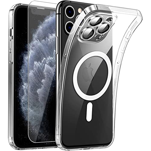 Clear Magnetisch für iPhone 11 Pro Hülle mit MagSafe [Integriert Kameraschutz Glas] [Original iPhone Äußere] Durchsichtig Silikon Case Dünn [Niemals Gelb] Handyhülle Anti Fingerabdruck Schutzhülle von DOSNTO