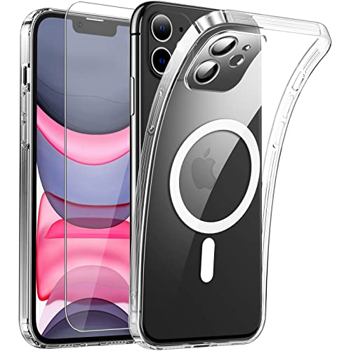 DOSNTO Clear Magnetisch für iPhone 11 Hülle mit MagSafe [Integriert Kameraschutz Glas] [Original iPhone Äußere] Durchsichtig Silikon Case Dünn [Niemals Gelb] Handyhülle Anti Fingerabdruck Schutzhülle von DOSNTO