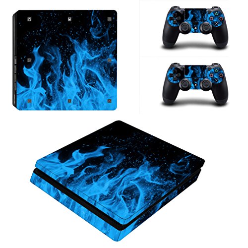 DOTBUY PS4 Slim Skin Aufkleber Sticker Design Folie schützende Haut Schale für Sony Playstation 4 Slim Konsole und 2 Dualshock Controller (Blue Fire) von DOTBUY