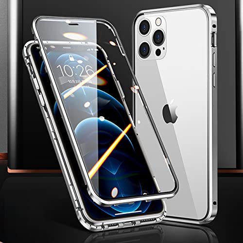 DOXNEE Doppelseitige magnetische Telefonhülle aus Glas mit Metallrahmen für iPhone 15 14 13 12 11 Pro Max 14 15 Plus X XS Max 13 12 Schutzhülle für Mini-Kameraobjektiv, Silber, für iPhone 12 von DOXNEE