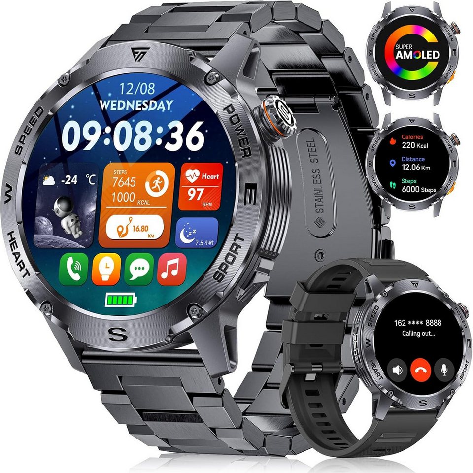 DREMAC Fur Herren mit 500mAh Akku,5ATM Wasserdicht Sport Amoled Smartwatch (1.43 Zoll, Android / iOS), mit 120+ Sportmodi,Bluetooth Anrufe,24/7 Herzfrequenz,Schlafmonitor von DREMAC