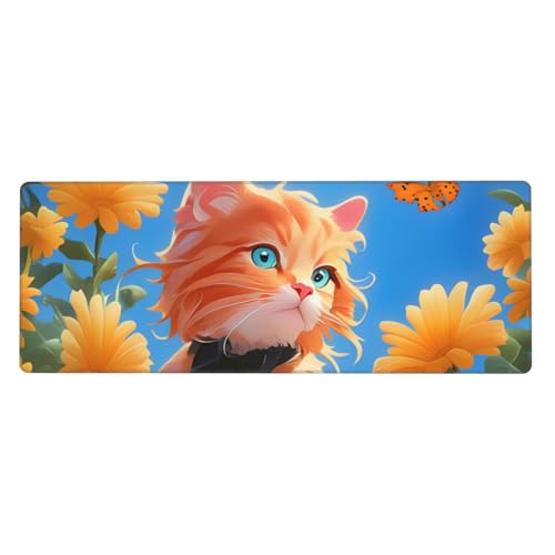 Große Gummi-Tastaturunterlage mit niedlicher orangefarbener Katze, rutschfeste und verschleißfeste Matte für Büro, Gaming, Lernen, Schreibtischunterlage, Mauspad, 30 x 80 cm von DRGFCXE