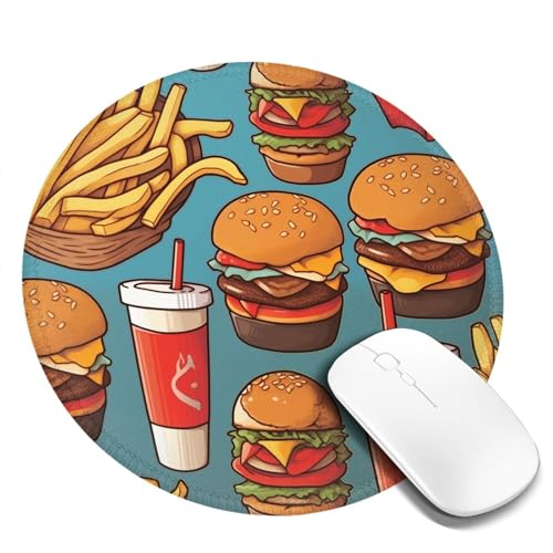 Mauspad mit Burger- und Pommes-Motiv, rund, 20,3 cm, rutschfestes Gummi, weiches Polyester mit rutschfester Unterseite, ideal für Büro, Gaming, Heimgebrauch von DRGFCXE