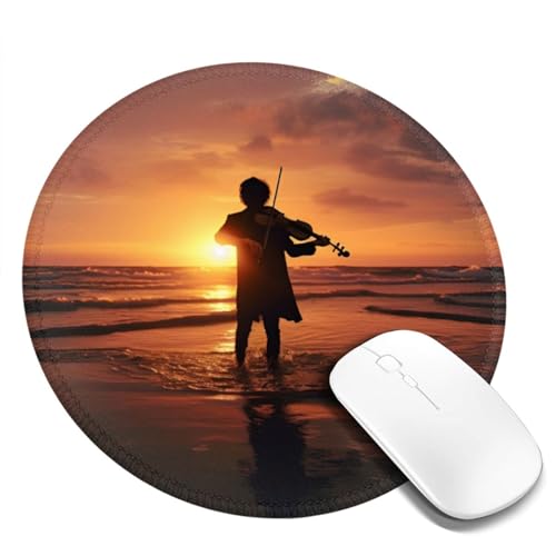 Mauspad mit Violinist bei Sonnenuntergang, rund, 20,3 cm, rutschfestes Gummi, weiches Polyester mit rutschfester Unterseite, ideal für Büro, Gaming, Heimgebrauch von DRGFCXE