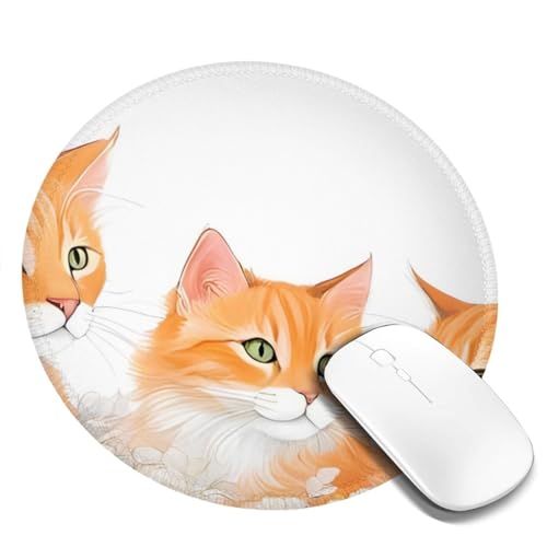 Mauspad mit orangefarbenen Katzen, rund, 20,3 cm, rutschfestes Gummi-Mauspad, weiches Polyester mit rutschfester Unterseite, ideal für Büro, Gaming, Heimgebrauch von DRGFCXE