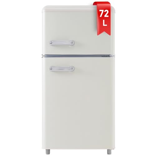 DRIXNO Retro-Kühlschrank, kühlschrank klein mit gefrierfach, Mini Kühlschrank Weiß, 72 Liter Gesamtvolumen, mit 21 Liter Gefriervolumen, 120 kWh/Jahr, LED-Licht. von DRIXNO