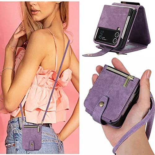 Leder-Crossbody-Hülle für Samsung Galaxy Z Flip 4 Cover Cross Body Strap Elegant Wallet Cards Capa für Samsung Z Flip 3, lila Hülle, für Galaxy Z Flip 3 von DRXVE