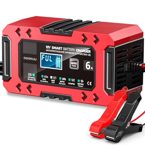 6A Autobatterie Ladegerät, 12V Smart vollautomatische KFZ Batterieladegerät mit 10-stufiger Aufladung und LCD-Anzeige für LiFePO4, AGM, Gel, SLA und Blei-Säure-Batterien von DSGKUU