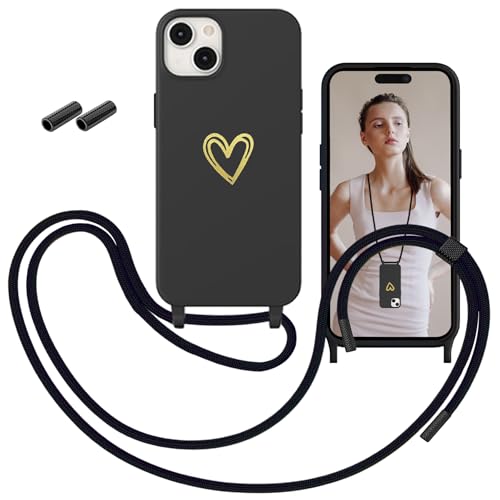 DSOIYIC Handykette für iPhone 15 Hülle mit Band, Necklace Silikon Handyhülle mit Kette und Abnehmbar Kordel zum Umhängen, Golden Herz Muster Schutzhülle Stoßfeste Bumper iPhone 15 6,1"- Schwarz von DSOIYIC