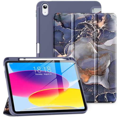 DTTO iPad 10. Generation Hülle 10.9 Zoll 2022, Slim Tri-fold Ständer Weiche TPU Rückseite mit Stifthalter für iPad 10 Hülle – Unterstützung Touch ID, und Wabenrasterkissen, Dusk Marble von DTTO