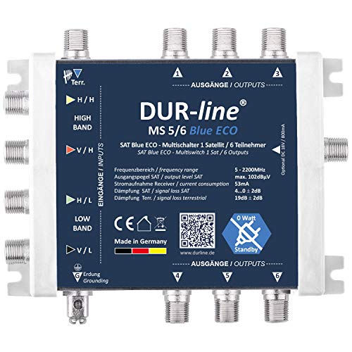 DUR-line MS 5/6 Blue eco Stromspar Multischalter - für 6 SAT Teilnehmer/TV - kein Netzteil notwendig - 0 Watt Standby Multiswitch [Digital, HDTV, FullHD, 4K, UHD] von DUR-line