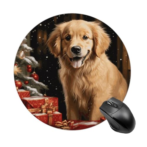 Christmas Golden Retriever Mauspad, rund, Schreibtischunterlage, bequeme Mauspads mit rutschfester Gummiunterseite, waschbar, Gaming-Mäuse, Computer-Mauspad für Büro und Zuhause von DWTJKMS