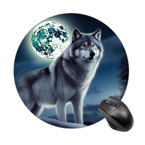 Mauspad mit Motiv Wolf unter dem Mond, rund, waschbar, personalisiertes Muster, Mäusepad für Männer und Frauen, rutschfeste Gummiunterseite, Spiel-Mauspads für Computer, Schreibtisch, Büro, Laptop von DWVSFJM