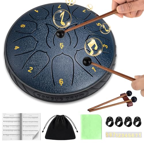 Zungentrommel,6 Zoll 11 Tone Rain Drum,Regentrommel Schlagzeug Anfänger mit Notenbuch,Trommelstöcken,Tasche,Rain Drum Outdoor Percussion Instrumente,Steel Tongue Drum für Meditation&Yoga Klangheilung von DYDHRER