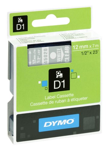 DYMO Beschriftungsband D1 45020 / 12 mm / Druck weiß / Band transparent / für DYMO Pocket, 1000+, 2000, 3500, 4500, 5500, LM 100/100+/120P/150/160/200/210D/220P/260P/280/300/350/350D/360D/400/420P/450/450D/500TS/II/PC/PC II/PnP/PnP WiFi, LabelWriter 450 DUO, LP 100/150/200/250/300/350 von DYMO
