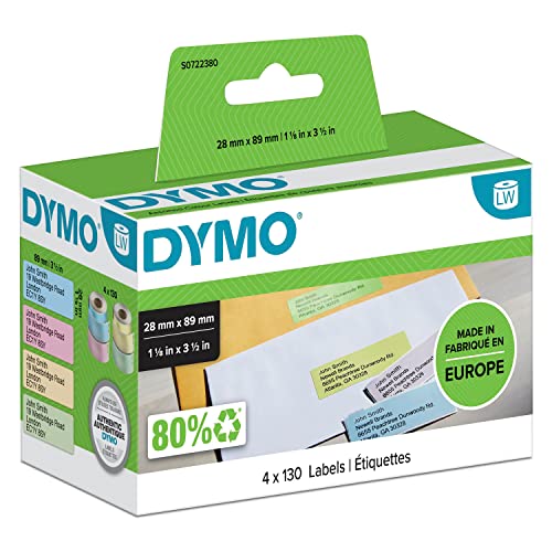 DYMO Original LabelWriter Adressetiketten | 28 mm x 89 mm | Farbetiketten in gelb/pink/blau/grün | 4 Rollen mit je 130 Etiketten (520 Etiketten) | selbstklebend | für LabelWriter Etikettendrucker von DYMO