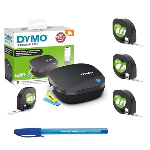 Dymo LetraTag 200B Bluetooth-Etikettendrucker, Bluetooth-Technologie für iOS und Android, inklusive 1 weißes Papieretikett und 3 LetraTag-Papieretiketten, authentisch, 12 mm x 4 m Rolle und PaperMate von DYMO