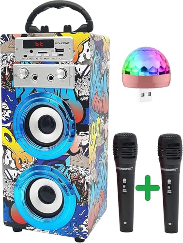 DYNASONIC Karaoke mit 2 Mikrofonen, tragbarer Karaoke-Maschine, Bluetooth-Lautsprecher, USB- und SD-Kartenleser, Lichter, Geschenk für Kinder von 5 bis 13 Jahren (Model 16 Lights) von DYNASONIC