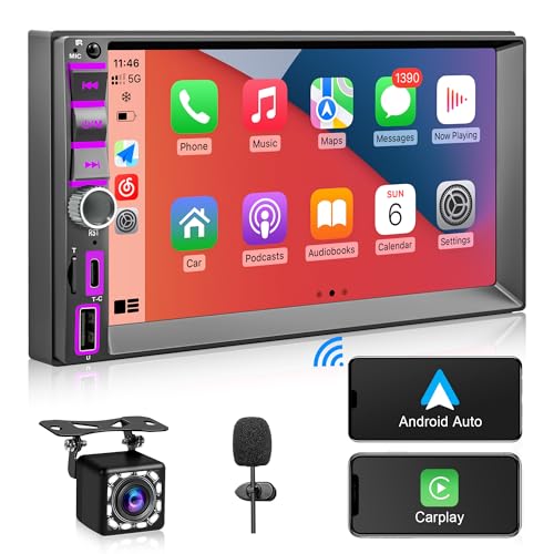 [Upgrade] Wireless Double Din Autoradio with Carplay, Wireless Android Auto, Bluetooth, Mirror Link, High Power, AM/FM, 7" HD Capacitive Touchscreen Car Radio, Waterproof Backup Camera, Audio Receiver von DYWSWINN