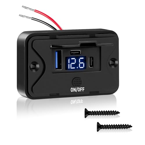 Daakro 72W USB Ladebuchse 12V Autoladegerät Mit Voltmeter QC3.0 USB & Dual PD3.0 Typ C Handy Schnellladegerät Wasserdicht mit Schalter für 12 V / 24 V Wohnwagen, Auto, Motorräder, LKW von Daakro