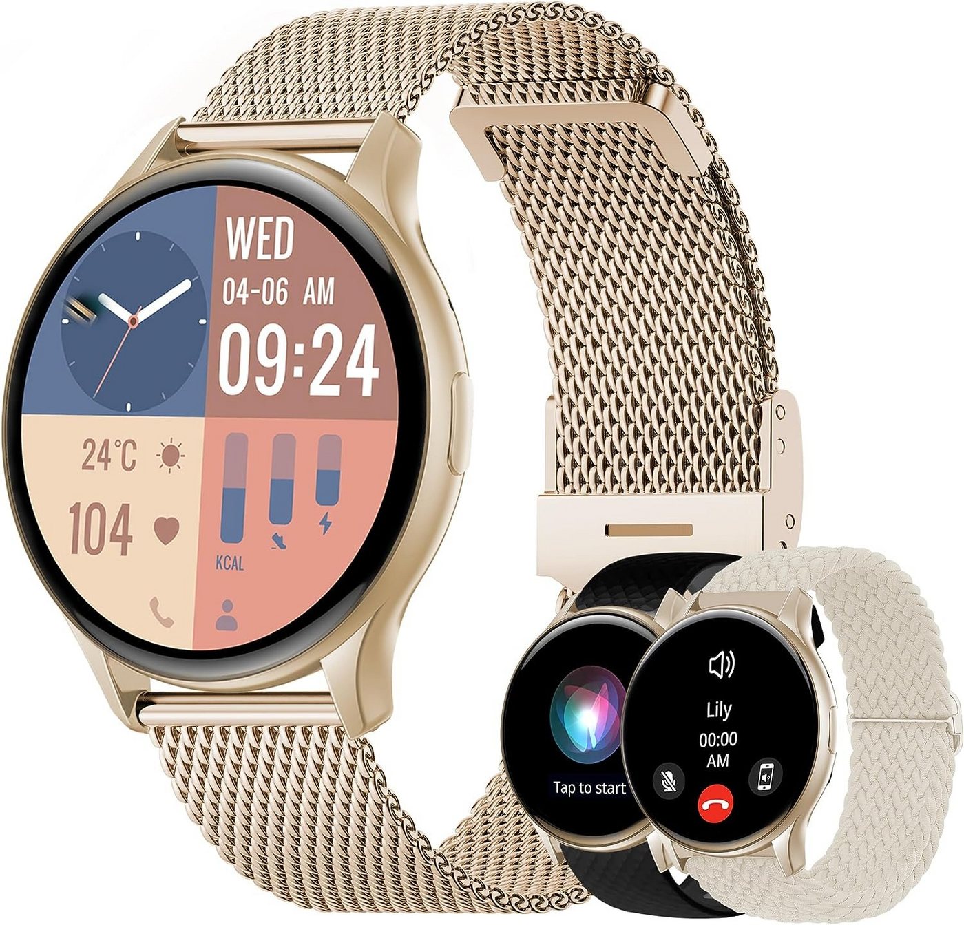 Dachma Fur Damen mit 3 armbändern Silikonarmband Metallarmband Smartwatch (1.45 Zoll, Android iOS), mit Telefonfunktion Whatsapp funktion Blutdruckmessung Schrittzähler von Dachma