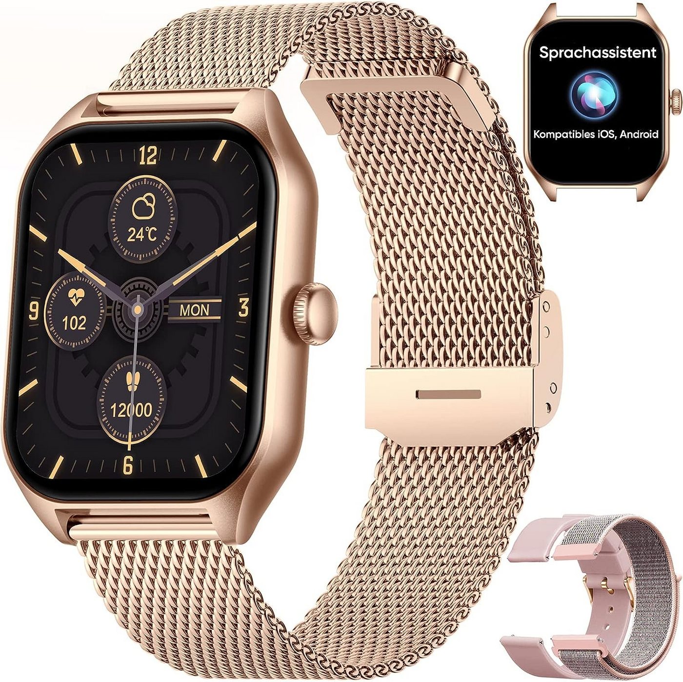 Dachma Smartwatch (1,85 Zoll, Android iOS), Damen Telefon Whatsapp Funktion 280mAH 3 Armbänder Android iOS Uhr von Dachma