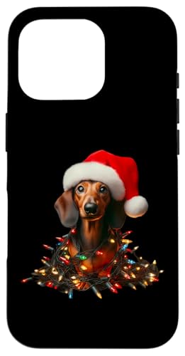 Hülle für iPhone 16 Pro Dackel mit Weihnachtsmütze und Weihnachtsbeleuchtung Hundebesitzer niedlich von Dachshund Christmas Products