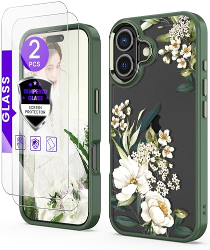 DagoRoo Gardenia Schutzhülle für iPhone 16 + Displayschutzfolie aus gehärtetem Glas, militärische Qualität, schmal, weiches TPU und hartes Polycarbonat, kristallklares Blumenmuster für Mädchen und von DagoRoo