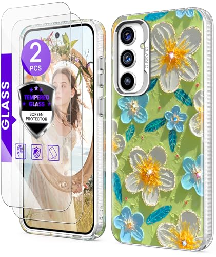 DagoRoo Schutzhülle für Samsung Galaxy S23 FE 5G + Displayschutzfolie aus gehärtetem Glas: buntes Retro-Ölgemälde-Blumenmuster, schmal, stoßfest, weiches TPU, hartes Polycarbonat, für Mädchen und von DagoRoo