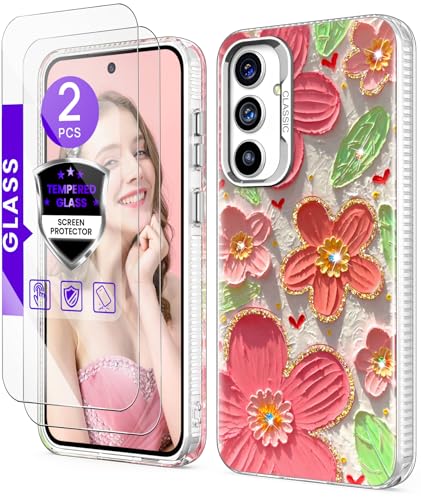 DagoRoo Schutzhülle für Samsung Galaxy S24 FE 5G + Displayschutzfolie aus gehärtetem Glas: buntes Retro-Ölgemälde-Blumenmuster, schmal, stoßfest, weiches TPU, hartes Polycarbonat, für Mädchen und von DagoRoo