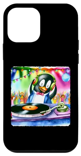Hülle für iPhone 12 mini Pinguin-DJ auf Party mit bunten Lichtern. Kopfhörer Schallplatten von Dancing Turntable Lights Colorful Records Party Dj