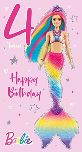 Danilo Promotions Limited Barbie Geburtstagskarte zum 4. Geburtstag, offizielle Barbie-Karte zum 4. Geburtstag, Happy Birthday Alter 4, mehrfarbig, 17,8 x 15,2 cm von Danilo Promotions LTD