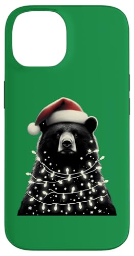 Hülle für iPhone 14 Dunkler Bär mit Weihnachtsmütze und Weihnachtsbeleuchtung von Dark Bear With Santa Hat And Christmas Products