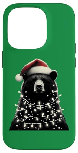 Hülle für iPhone 14 Pro Dunkler Bär mit Weihnachtsmütze und Weihnachtsbeleuchtung von Dark Bear With Santa Hat And Christmas Products